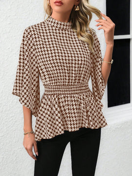 Clasi Camisa de cuadros para mujer con cuello alto y mangas acampanadas con lazo en la cintura, para la temporada primavera/verano con estilo peplum