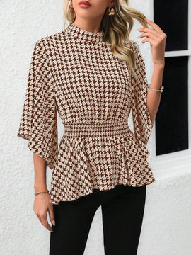 Blusa con cuello alto de pata de gallo, mangas abombadas y cintura entallada, parte superior con peplum para primavera/verano
