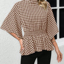 Clasi Camisa de cuadros para mujer con cuello alto y mangas acampanadas con lazo en la cintura, para la temporada primavera/verano con estilo peplum