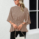 Clasi Camisa de cuadros para mujer con cuello alto y mangas acampanadas con lazo en la cintura, para la temporada primavera/verano con estilo peplum