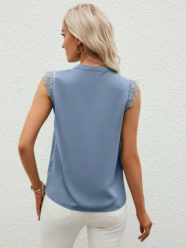 Clasi Camisa casual de verano para mujer con cuello en V y detalles de encaje