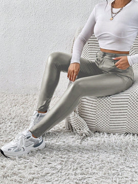 Essnce Pantalones Largos Casuales de Ajuste Delgado con Brillo Metalico