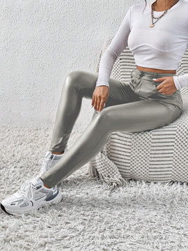Essnce Pantalones Largos Casuales de Ajuste Delgado con Brillo Metalico