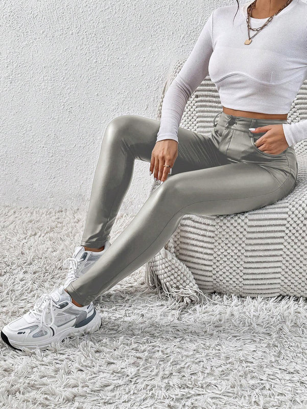 Essnce Pantalones Largos Casuales de Ajuste Delgado con Brillo Metalico