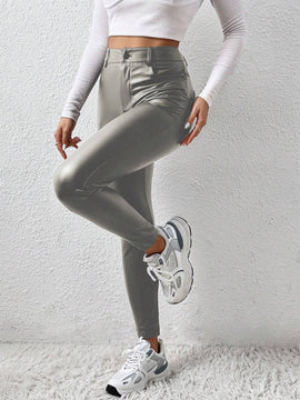Essnce Pantalones Largos Casuales de Ajuste Delgado con Brillo Metalico
