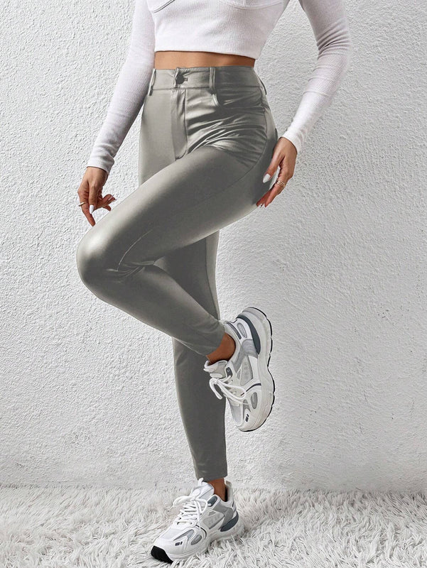 Essnce Pantalones Largos Casuales de Ajuste Delgado con Brillo Metalico