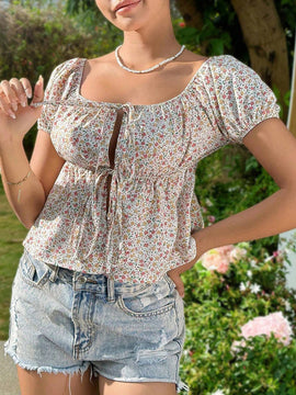 Blusa De Flores Para Mujeres Con Lazo En La Parte Frontal
