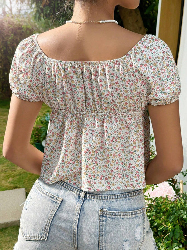 Blusa De Flores Para Mujeres Con Lazo En La Parte Frontal