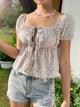 Blusa De Flores Para Mujeres Con Lazo En La Parte Frontal