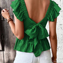 LUNE Top de peplum para mujer con tirantes traseros atados, manga con volantes y espalda al descubierto para vacaciones y ocasiones especiales.
