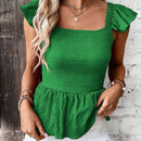 LUNE Top de peplum para mujer con tirantes traseros atados, manga con volantes y espalda al descubierto para vacaciones y ocasiones especiales.