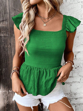 LUNE Top de peplum para mujer con tirantes traseros atados, manga con volantes y espalda al descubierto para vacaciones y ocasiones especiales.