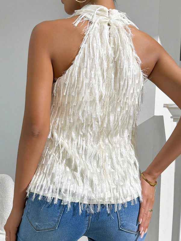 Prive Camisa de mujer elegante y con estilo con flecos cruzados en el cuello y sin mangas