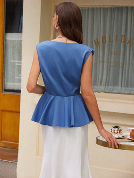 Prive Blusa elegante y exquisita con decoracion de falda de volantes de estilo palaciego, elegante escote en V sin mangas para mujer