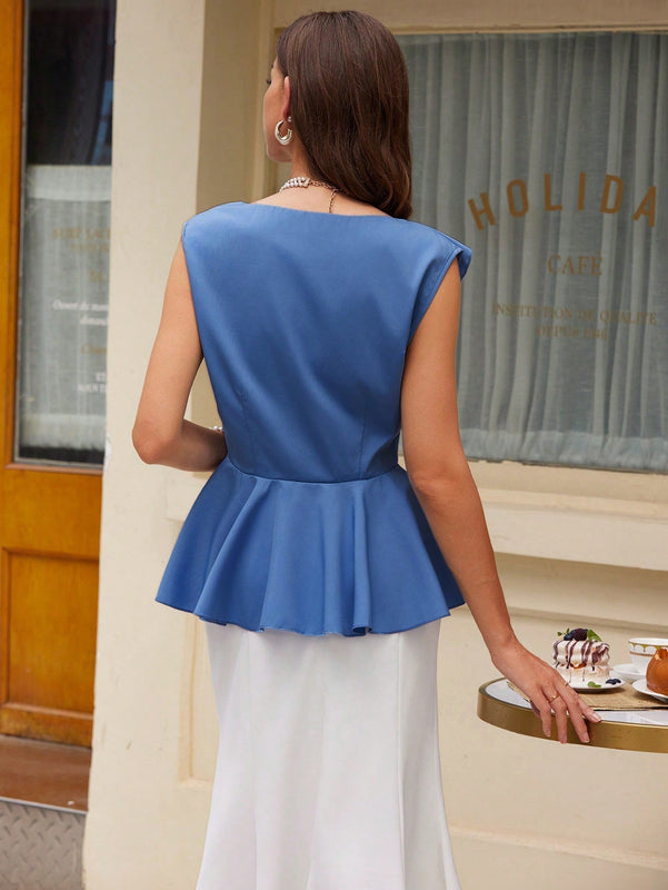 Prive Blusa elegante y exquisita con decoracion de falda de volantes de estilo palaciego, elegante escote en V sin mangas para mujer