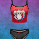 Harley Quinn | ROMWE Conjunto de ropa interior con tirantes de encaje y estampado de personajes de anime