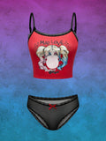 Harley Quinn | ROMWE Conjunto de ropa interior con tirantes de encaje y estampado de personajes de anime