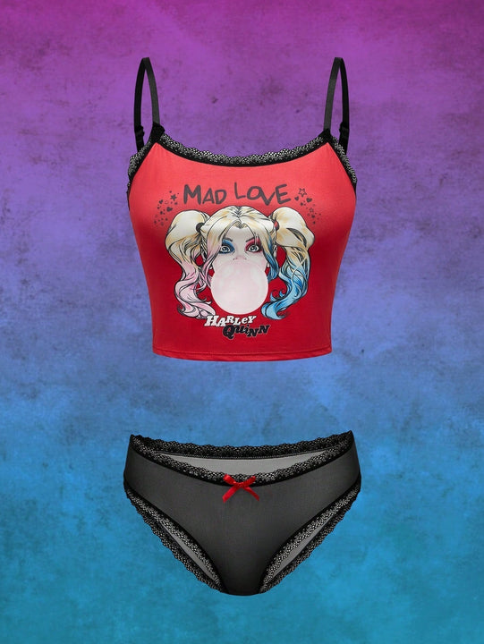 Harley Quinn | ROMWE Conjunto de ropa interior con tirantes de encaje y estampado de personajes de anime
