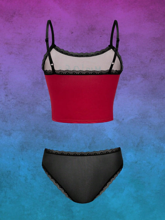 Harley Quinn | ROMWE Conjunto de ropa interior con tirantes de encaje y estampado de personajes de anime