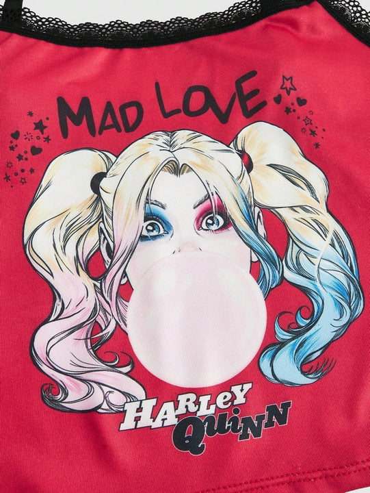 Harley Quinn | ROMWE Conjunto de ropa interior con tirantes de encaje y estampado de personajes de anime