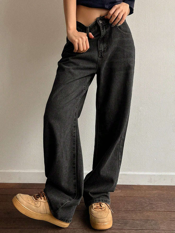 DAZY Mujeres Pantalones Jeans Vintage de Pierna Ancha Suelta con Bolsillos y Longitud Larga, Azul Lavado