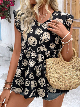 VCAY Blusa De Cuello Redondo Con Estampado Floral Y Dobladillo Con Volantes