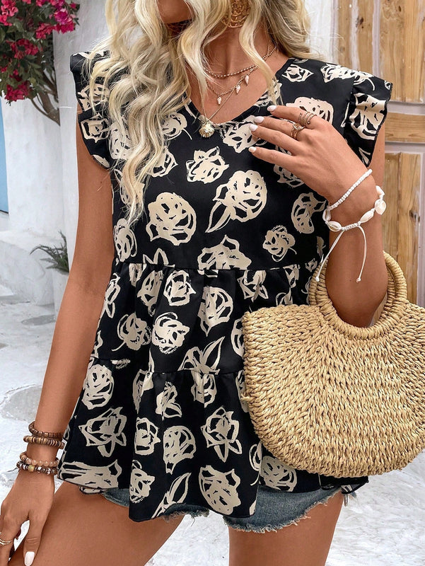 VCAY Blusa De Cuello Redondo Con Estampado Floral Y Dobladillo Con Volantes