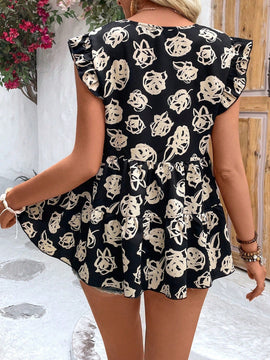 VCAY Blusa De Cuello Redondo Con Estampado Floral Y Dobladillo Con Volantes