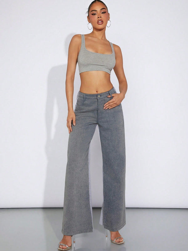 Haute Jeans De Pernera Ancha Con Bloques De Color En Tecnica Mixta