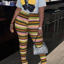 Slayr Pantalones de tejido de crochet de punto de rayas coloridas con abertura en el dobladillo para mujer, delgados y perfectos para usar en vacaciones de verano, festivales de musica, etc.
