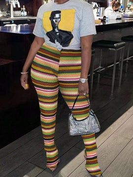 Slayr Pantalones de tejido de crochet de punto de rayas coloridas con abertura en el dobladillo para mujer, delgados y perfectos para usar en vacaciones de verano, festivales de musica, etc.