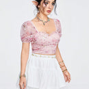 ROMWE Fairycore Camisa Con Mangas Abullonadas Y Estampado De Bordado De Tela Para Mujer