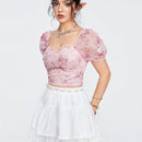 ROMWE Fairycore Camisa Con Mangas Abullonadas Y Estampado De Bordado De Tela Para Mujer