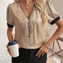 Camisa de verano de media tapeta de cremallera con contraste de color para mujer