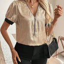 Camisa de verano de media tapeta de cremallera con contraste de color para mujer