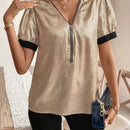 Camisa de verano de media tapeta de cremallera con contraste de color para mujer