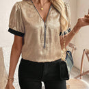 Camisa de verano de media tapeta de cremallera con contraste de color para mujer