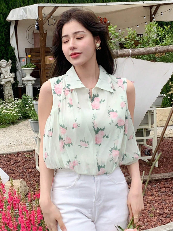 Camisa corta sin mangas con estampado floral para vacaciones con solapa