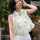 Camisa corta sin mangas con estampado floral para vacaciones con solapa