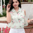Camisa corta sin mangas con estampado floral para vacaciones con solapa