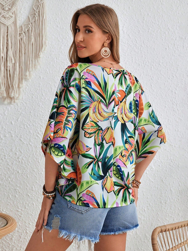 VCAY Camisa de manga larga con estampado de hojas de arbol para mujeres de estilo resort