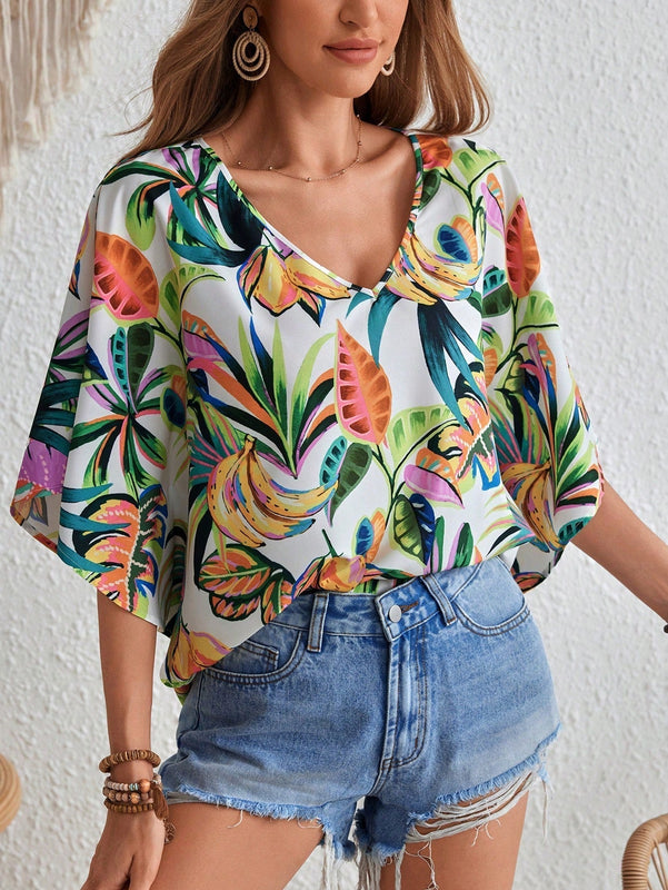VCAY Camisa de manga larga con estampado de hojas de arbol para mujeres de estilo resort