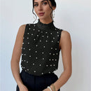 Prive Camisa sin mangas de mujer con cuentas de perlas, cuello de pie y detalle de volante para la temporada de bodas y citas