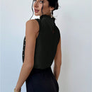 Prive Camisa sin mangas de mujer con cuentas de perlas, cuello de pie y detalle de volante para la temporada de bodas y citas