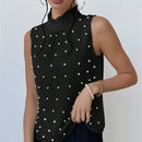 Prive Camisa sin mangas de mujer con cuentas de perlas, cuello de pie y detalle de volante para la temporada de bodas y citas