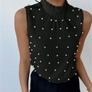 Prive Camisa sin mangas de mujer con cuentas de perlas, cuello de pie y detalle de volante para la temporada de bodas y citas