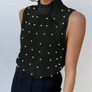 Prive Camisa sin mangas de mujer con cuentas de perlas, cuello de pie y detalle de volante para la temporada de bodas y citas
