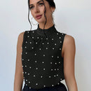 Prive Camisa sin mangas de mujer con cuentas de perlas, cuello de pie y detalle de volante para la temporada de bodas y citas