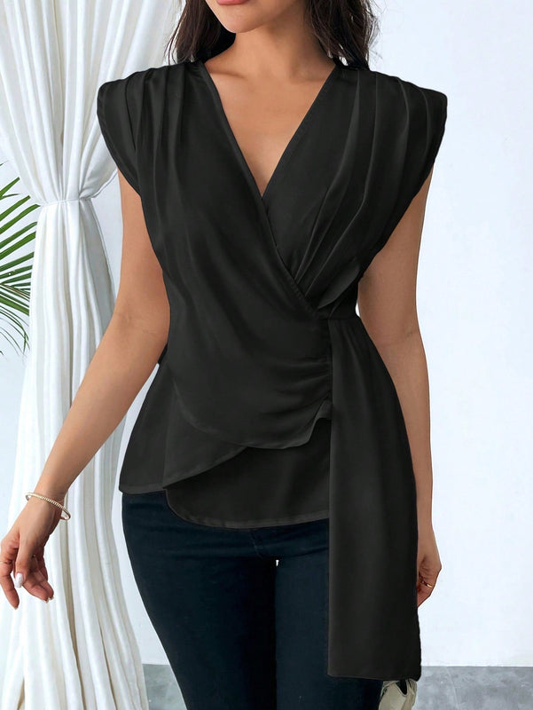 Prive Mujeres Verano V-Cuello con volantes Dobladillo asimetrico Cinta elegante y ajustado para trabajar