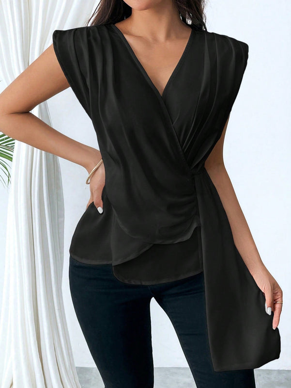 Prive Mujeres Verano V-Cuello con volantes Dobladillo asimetrico Cinta elegante y ajustado para trabajar